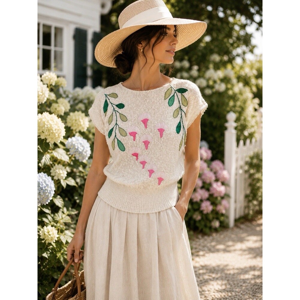 Vintage Sierra II Linen Cotton Floral Applique Knit Top Ivory Cottagecore M